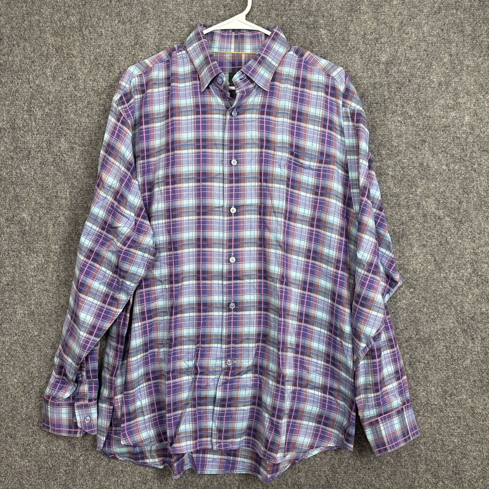 Robert Talbott Shirt Mens Size XL Purple Plaid Casual Cotton Preppy